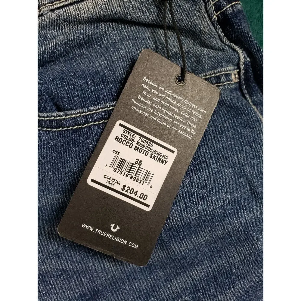 True Religion Jeans Size 36x32 Mens Blue Stretch Pants Rocco Relaxed Skinny NWT